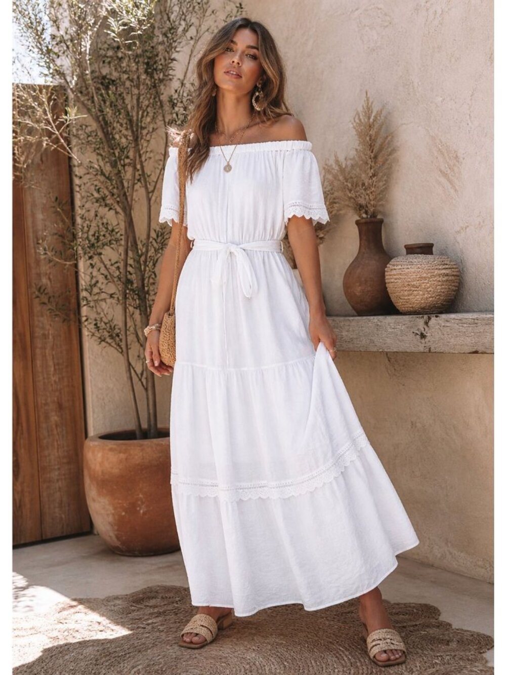 Luxology Maxi Dress Tiered Off Shoulder Boho Cottagecore Romantic Peasant Size S
